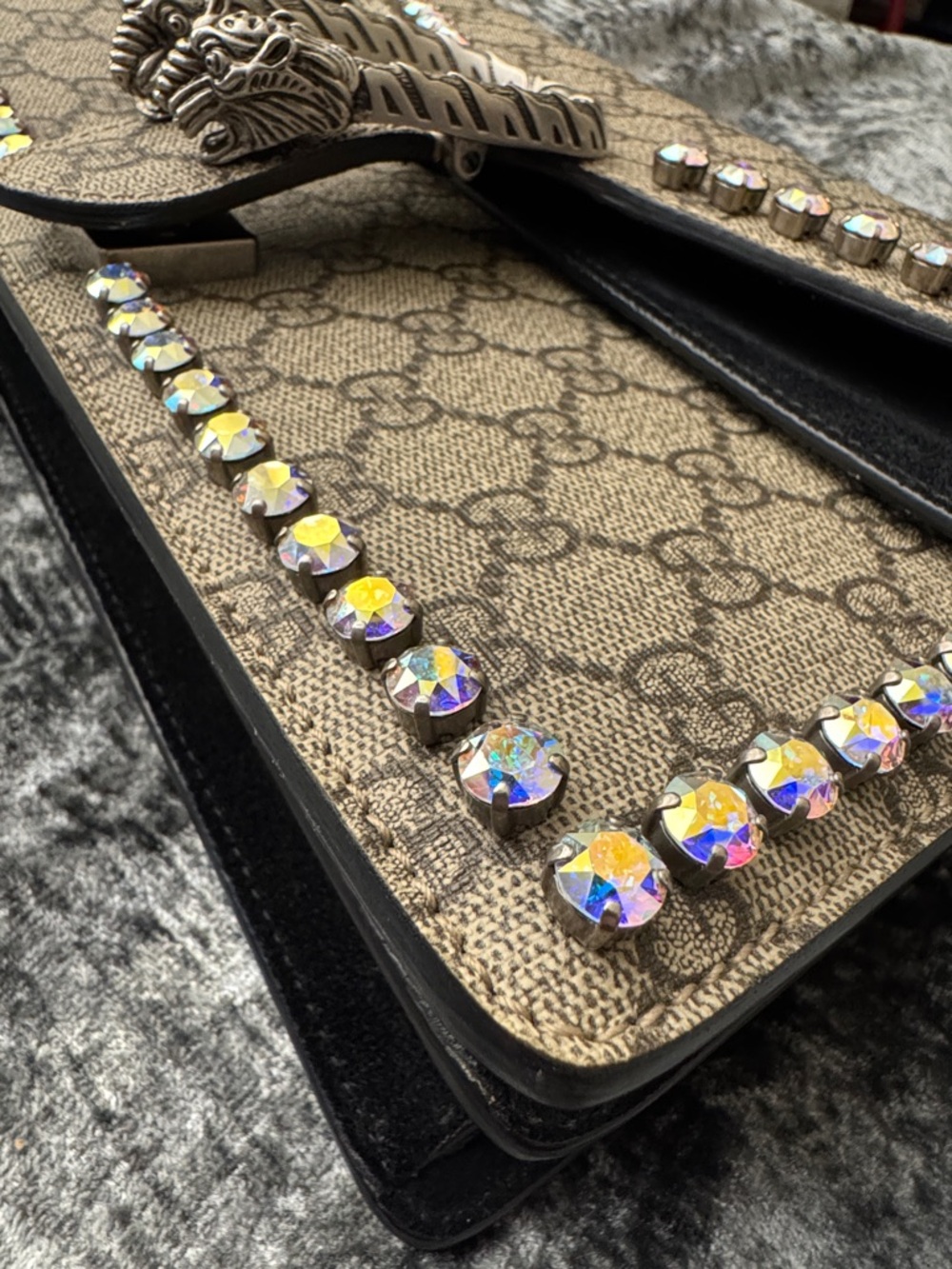 Gucci Beige and Black Monogram Crystal Dionysus Small Shoulder Bag - Picture 16 of 17